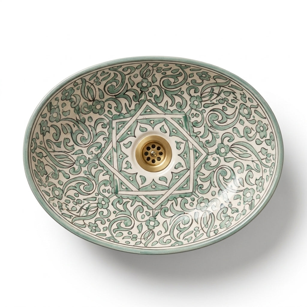 Sage Star Garden Moroccan ceramic sink - detail of star medallion and vine pattern