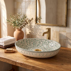 Sage Star Garden Moroccan ceramic vessel sink styled on a bathroom counter in a Moroccan-inspired setting