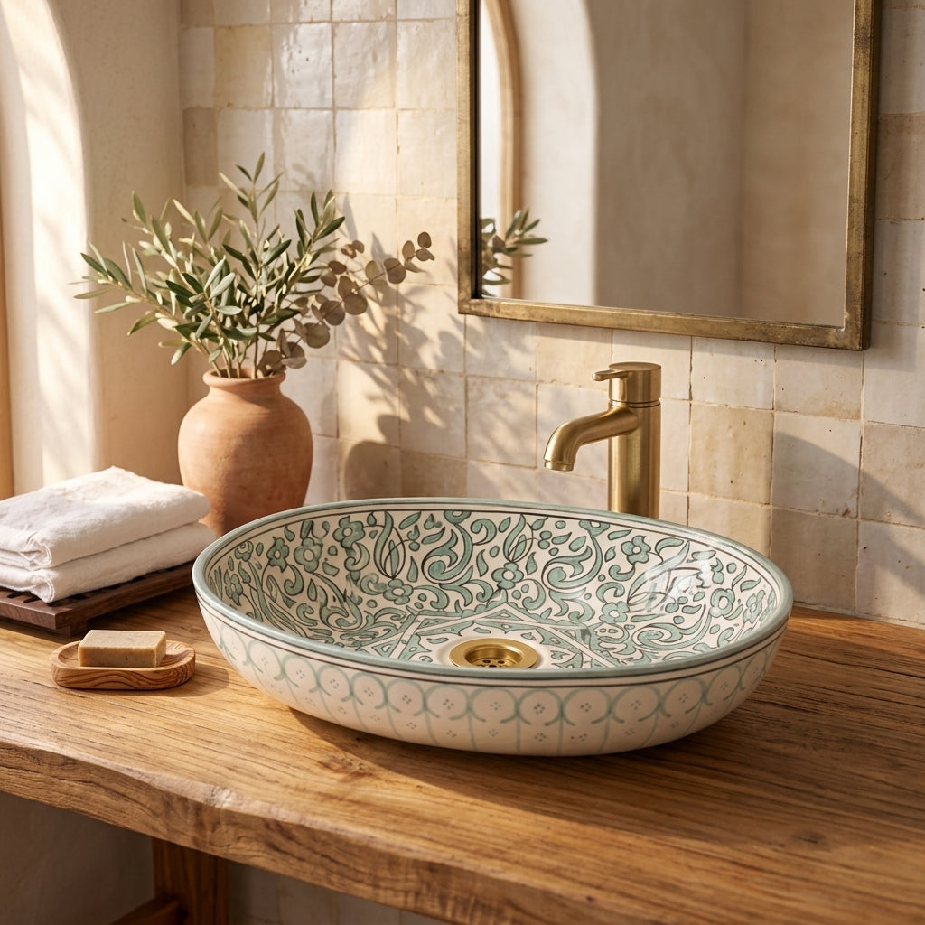 Sage Star Garden Moroccan ceramic vessel sink styled on a bathroom counter in a Moroccan-inspired setting