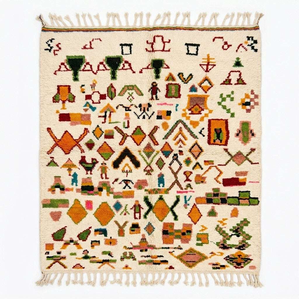 Spice Market Azilal rug, handwoven wool with orange, green, pink, blue and red tribal symbols, flat lay top view