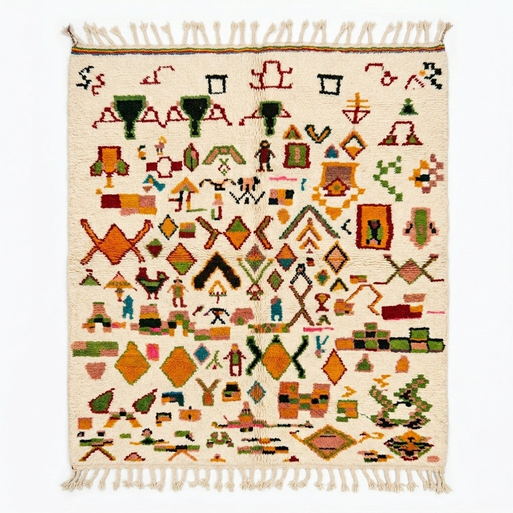 Spice Market Azilal rug, handwoven wool with orange, green, pink, blue and red tribal symbols, flat lay top view