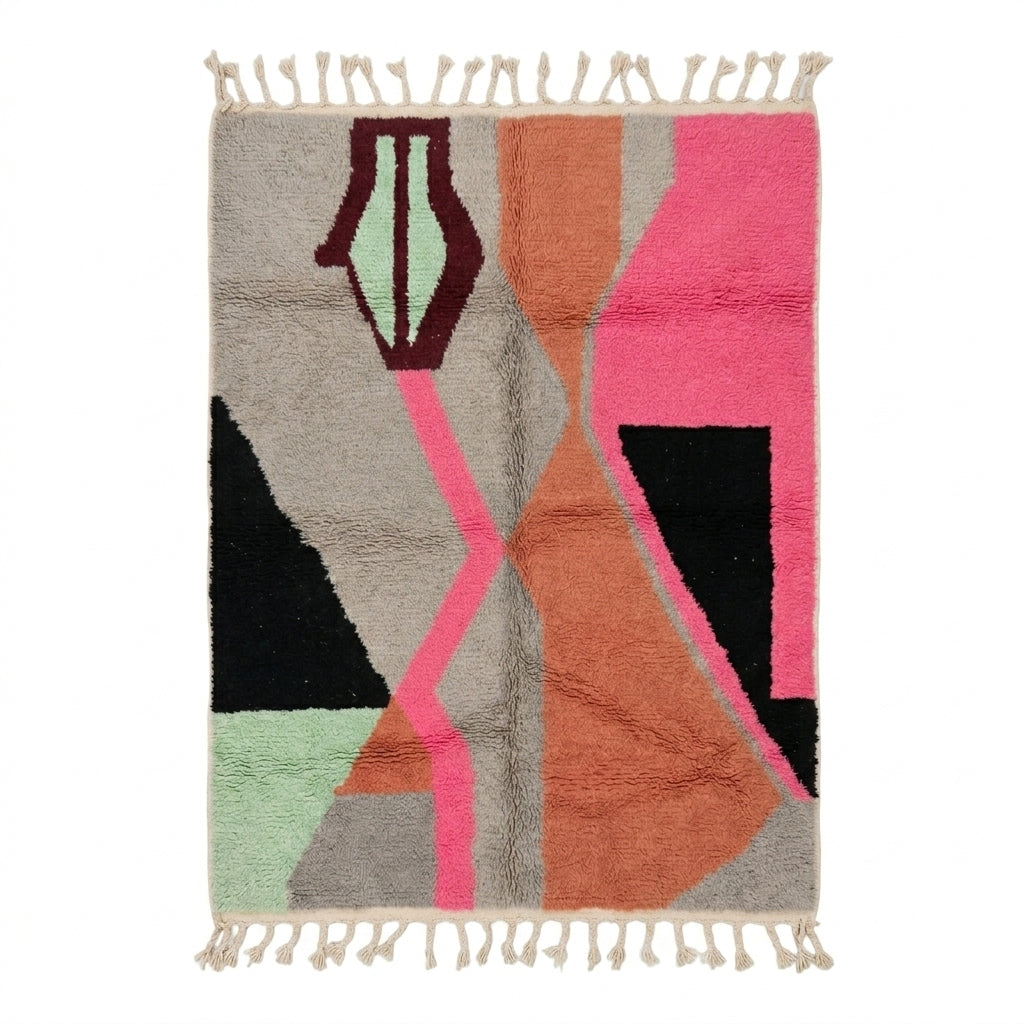 Sunset Mosaic Boujaad rug, handwoven wool with saturated grey, terracotta, hot-pink, black and mint blocks, flat lay top view