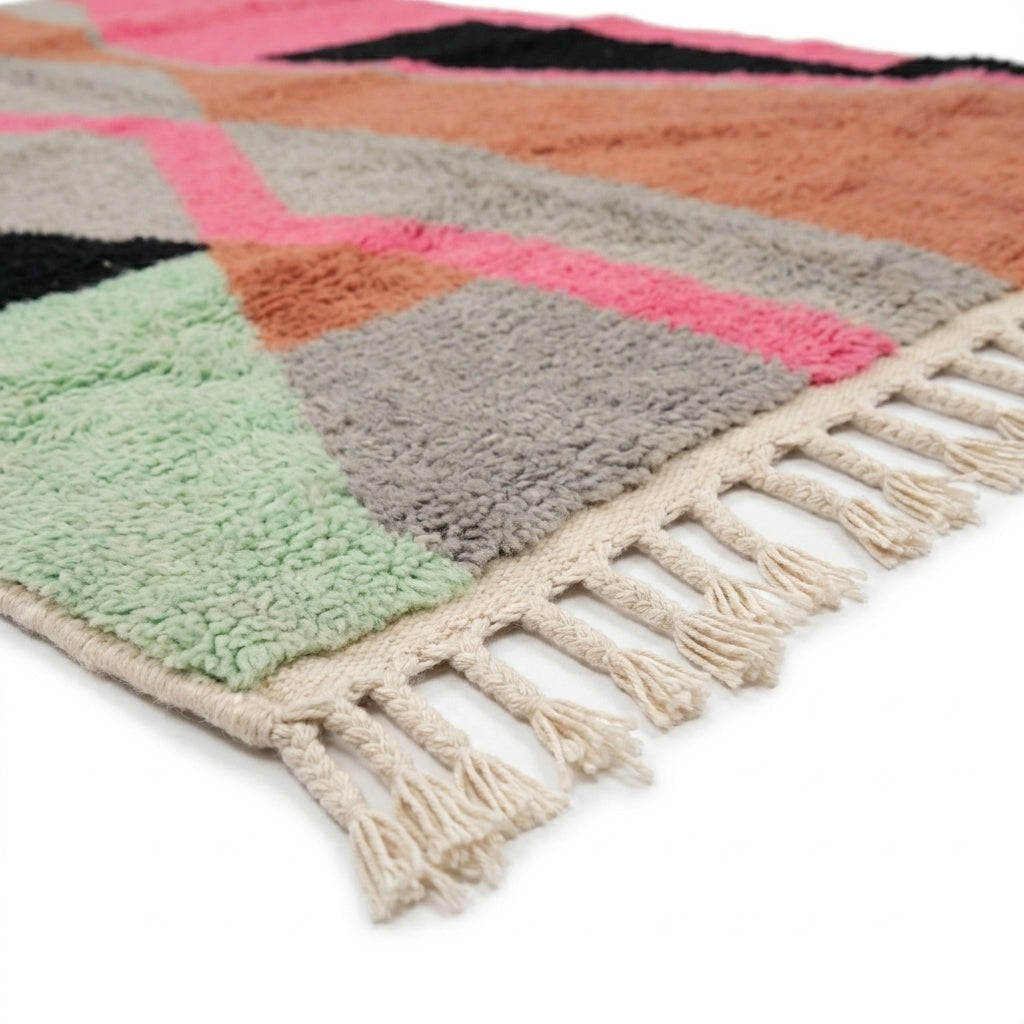 Sunset Mosaic Boujaad rug — hand-knotted fringe detail close-up