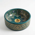 Teal and Gold Damask Drum Moroccan ceramic sink - angled view of gold filigree drain