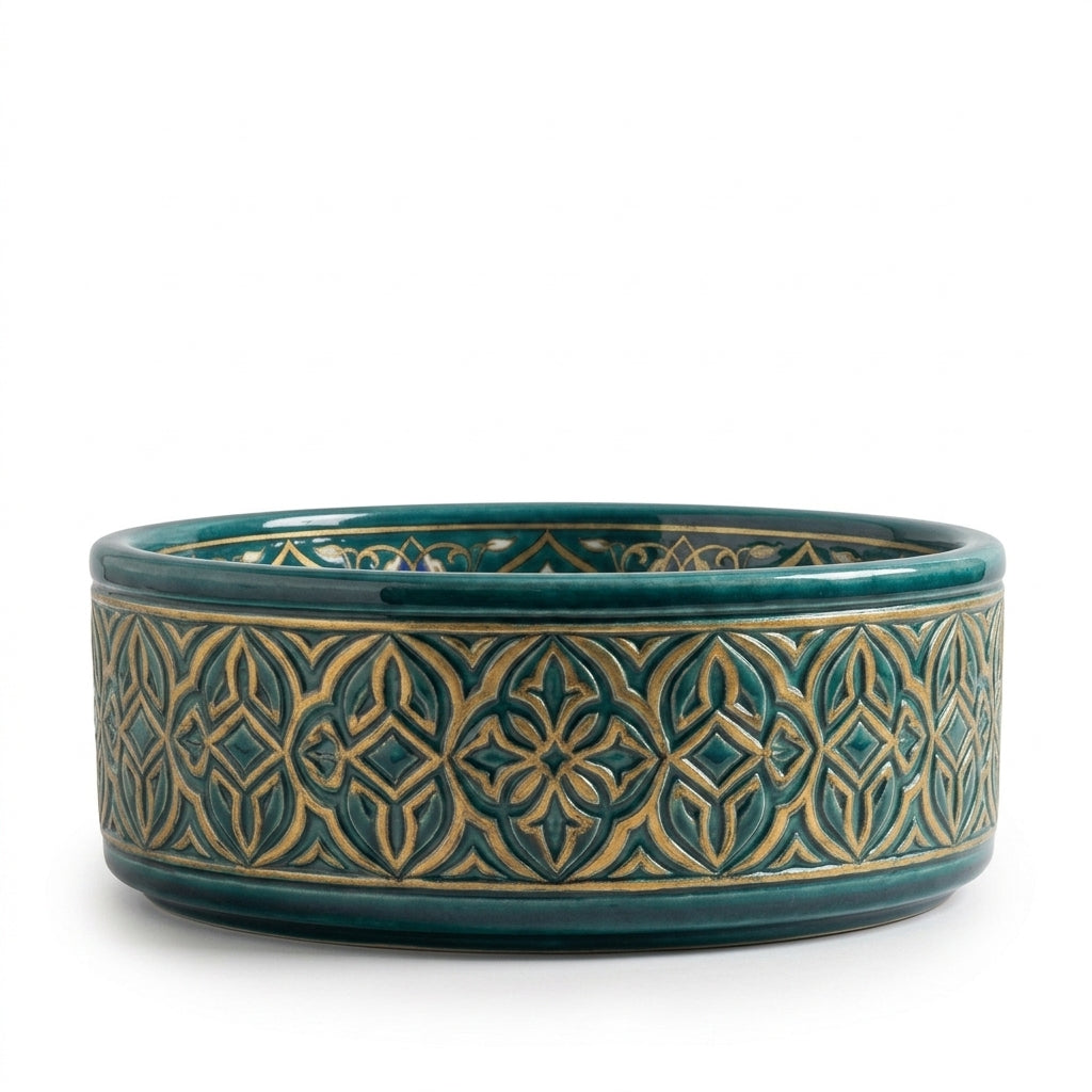 Teal and Gold Damask Drum Moroccan ceramic sink - side view of carved lattice
