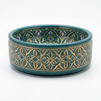 Teal and Gold Damask Drum Moroccan ceramic sink - top view of damask interior