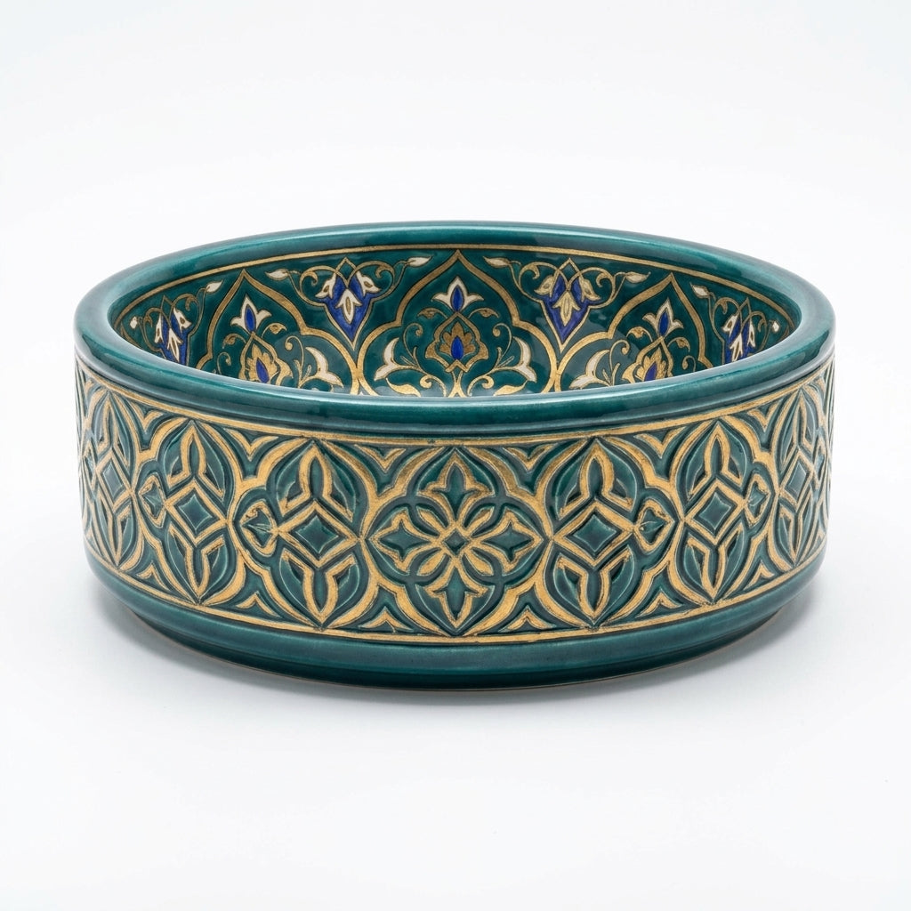 Teal and Gold Damask Drum Moroccan ceramic sink - top view of damask interior