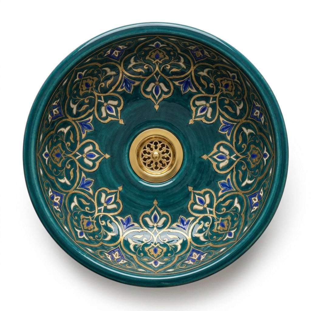 Teal and Gold Damask Drum Moroccan ceramic sink - detail of gold crowns