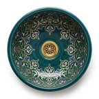 Teal and Gold Damask Drum Moroccan ceramic sink - detail of gold crowns