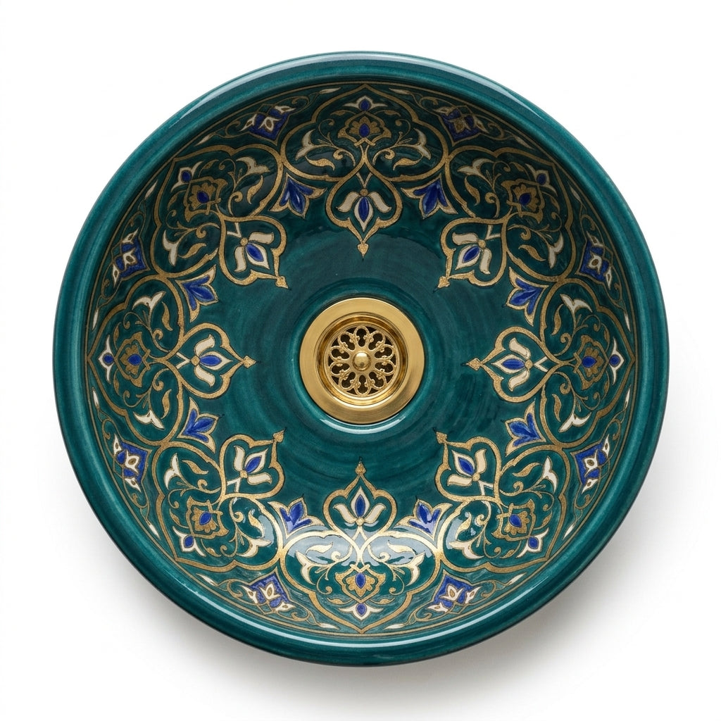 Teal and Gold Damask Drum Moroccan ceramic sink - detail of gold crowns