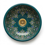 Teal and Gold Damask Drum Moroccan ceramic sink - detail of gold crowns