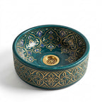 Teal and Gold Damask Drum Moroccan ceramic sink - profile view