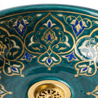 Teal and Gold Damask Drum Moroccan ceramic sink - macro of intricate gold pattern