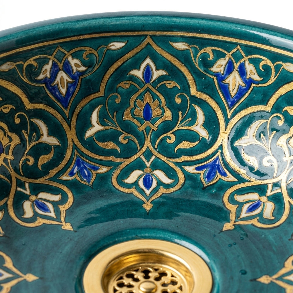 Teal and Gold Damask Drum Moroccan ceramic sink - macro of intricate gold pattern
