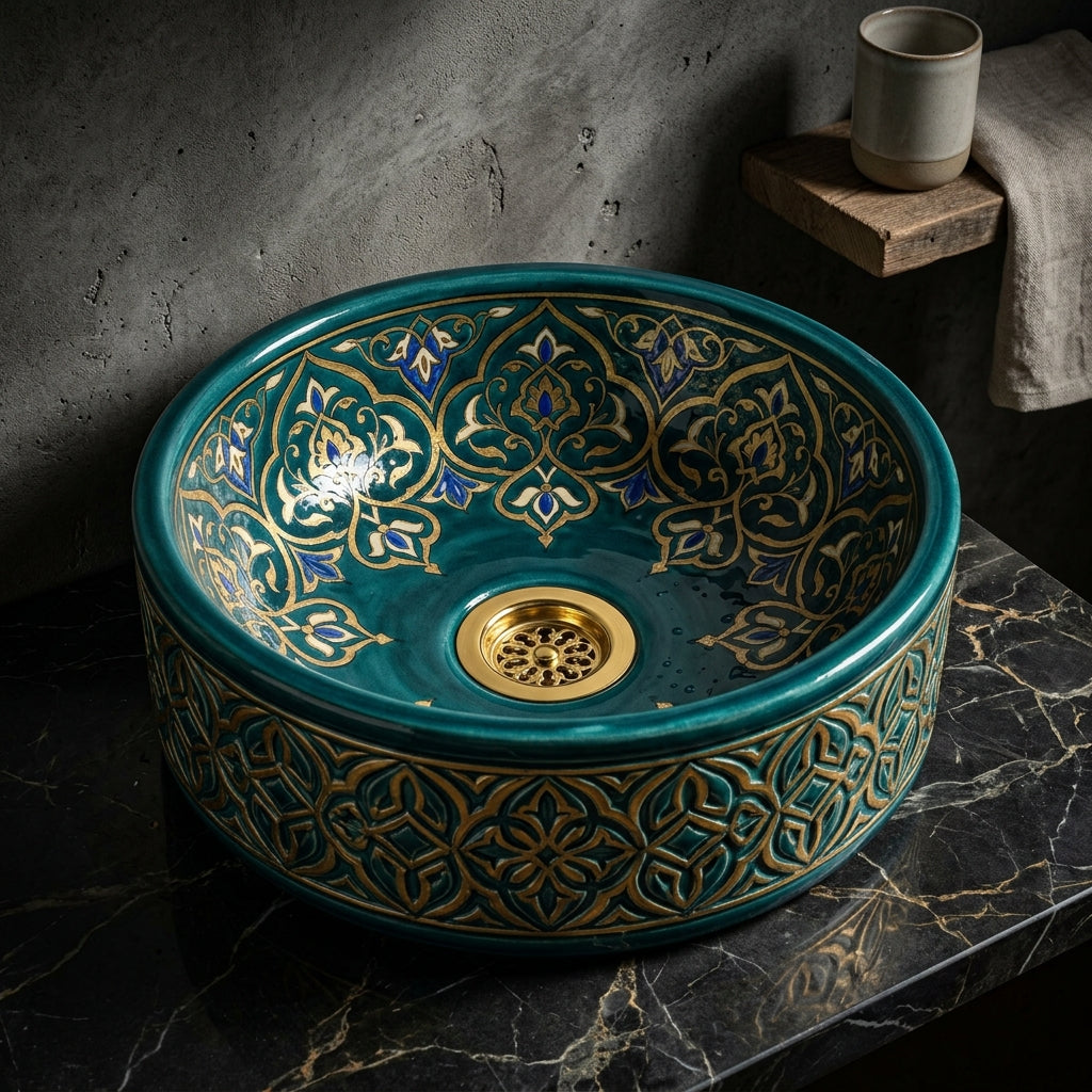 Teal and Gold Damask Drum Moroccan ceramic vessel sink on a marble counter