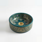 Teal and Gold Damask Drum Moroccan ceramic vessel sink - deep teal with gold arabesque damask and carved gold lattice