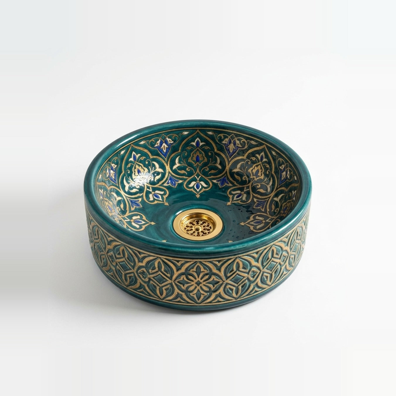 Teal and Gold Damask Drum Moroccan ceramic vessel sink - deep teal with gold arabesque damask and carved gold lattice
