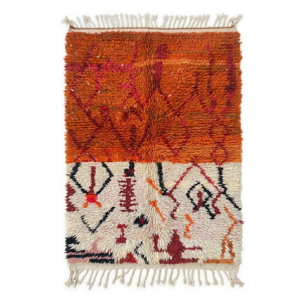 Terracotta Sky Azilal rug, handwoven wool with a terracotta band with red, black and pink tribal symbols, flat lay top view