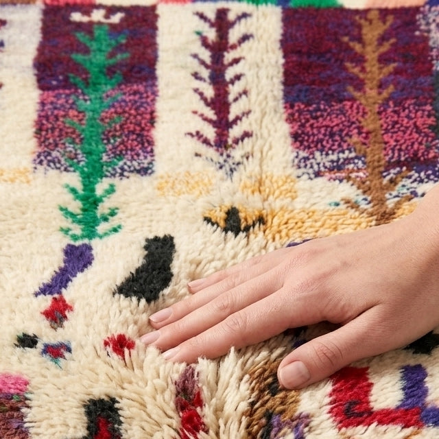 Tribal Canvas Azilal rug — hand resting on the soft wool pile