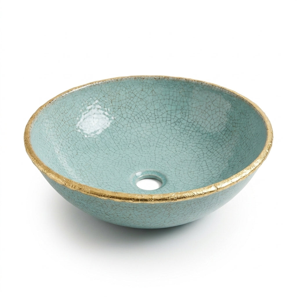 Turquoise Crackle Gold Moroccan ceramic sink - angled view