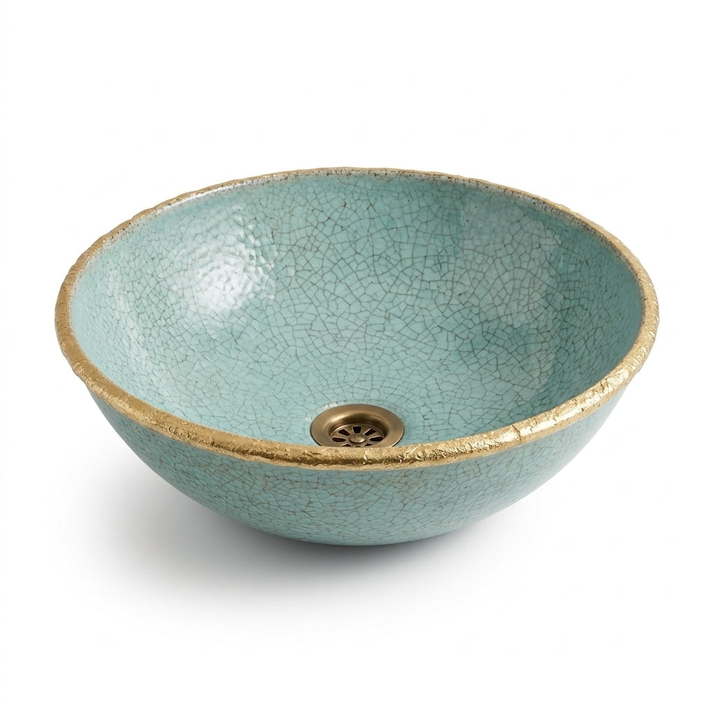 Turquoise Crackle Gold Moroccan ceramic sink - side view