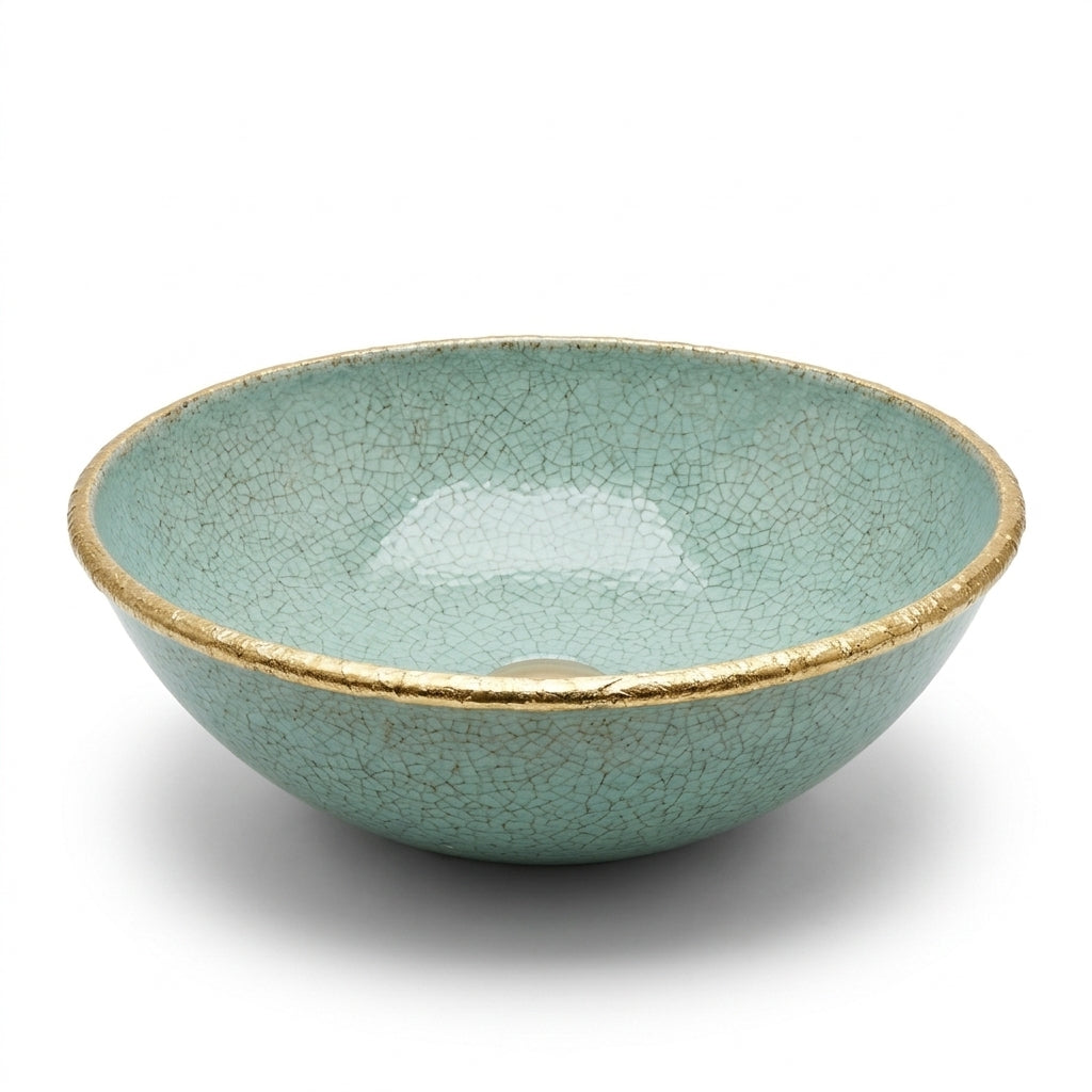 Turquoise Crackle Gold Moroccan ceramic sink - close-up of crackle glaze texture