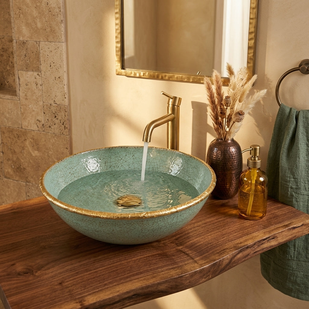 Turquoise Crackle Gold Moroccan ceramic vessel sink styled on a bathroom counter in a Moroccan-inspired setting