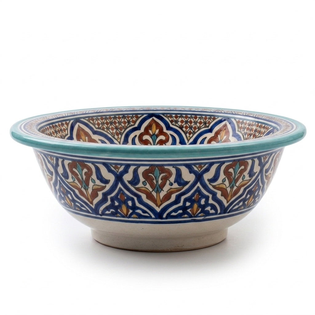 Turquoise Fessi Heritage Moroccan ceramic sink - white background studio view