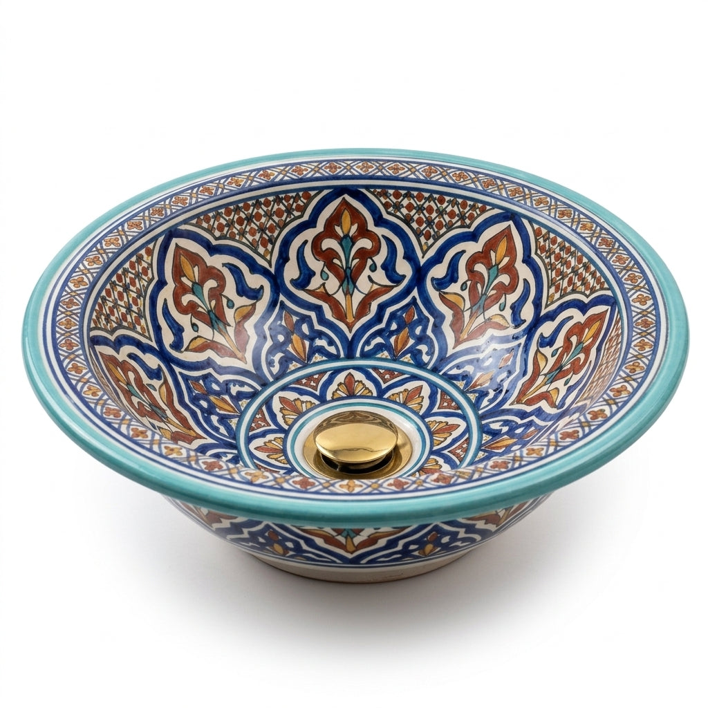 Turquoise Fessi Heritage Moroccan ceramic sink - angled view