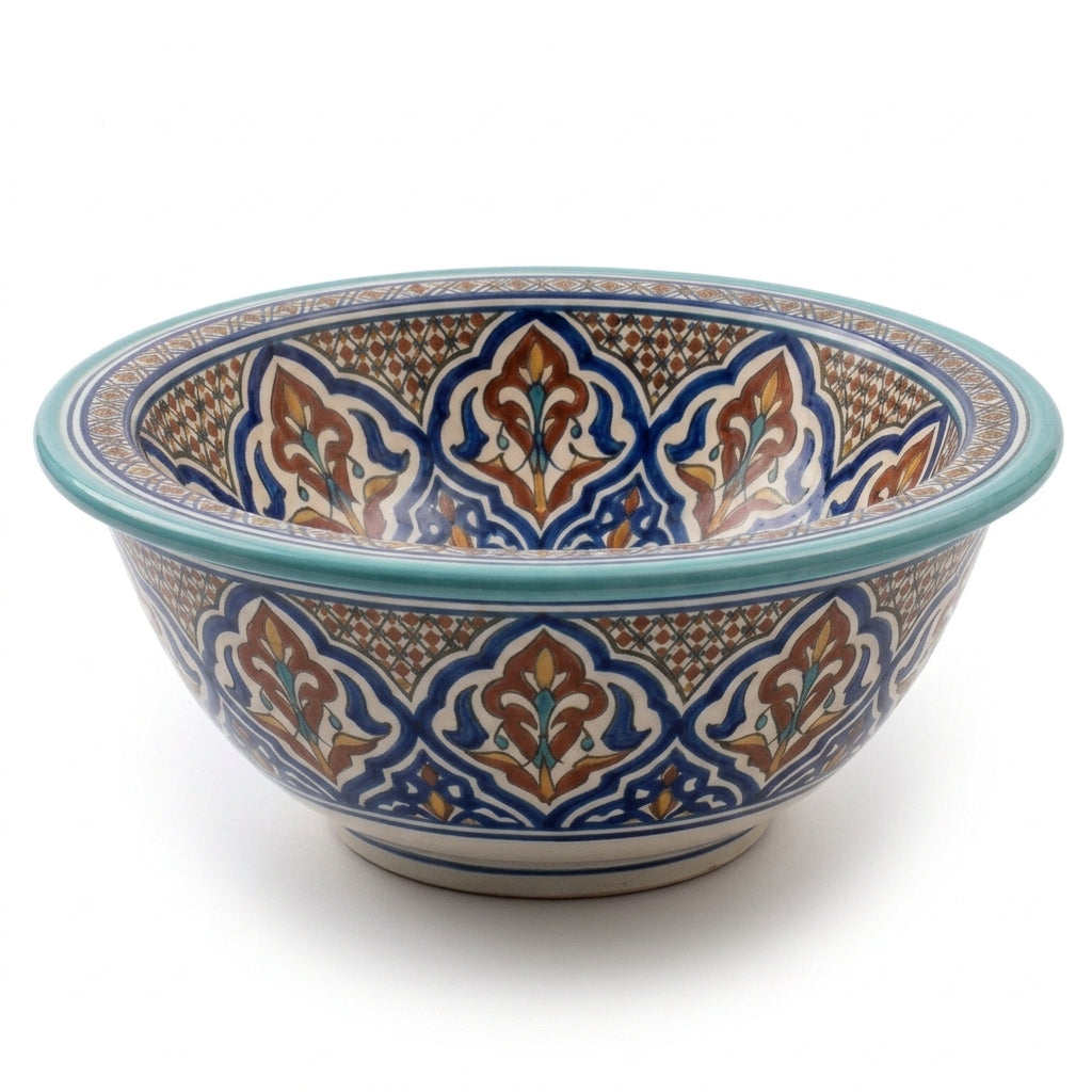 Turquoise Fessi Heritage Moroccan ceramic sink - side view