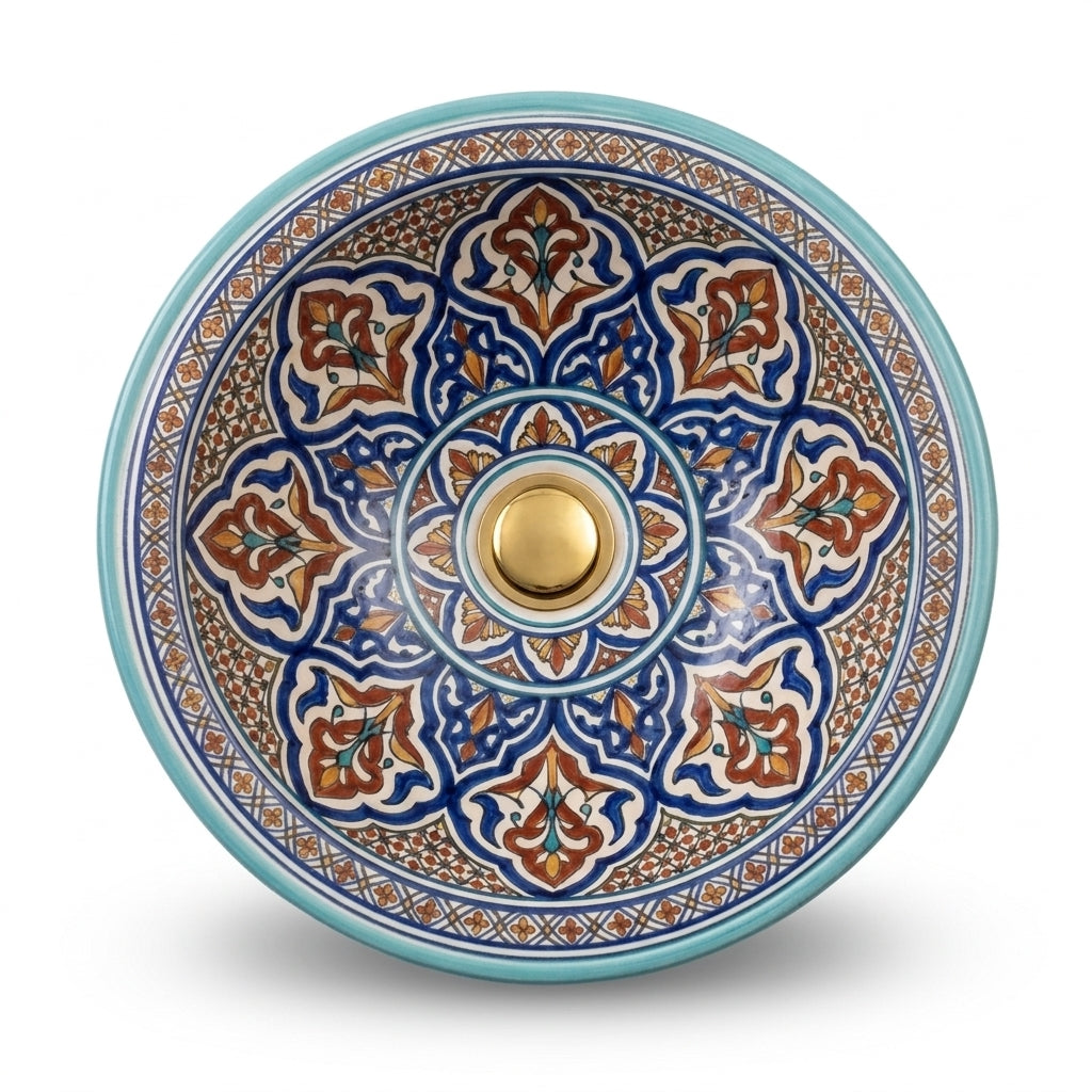 Turquoise Fessi Heritage Moroccan ceramic sink - top view of arabesque interior