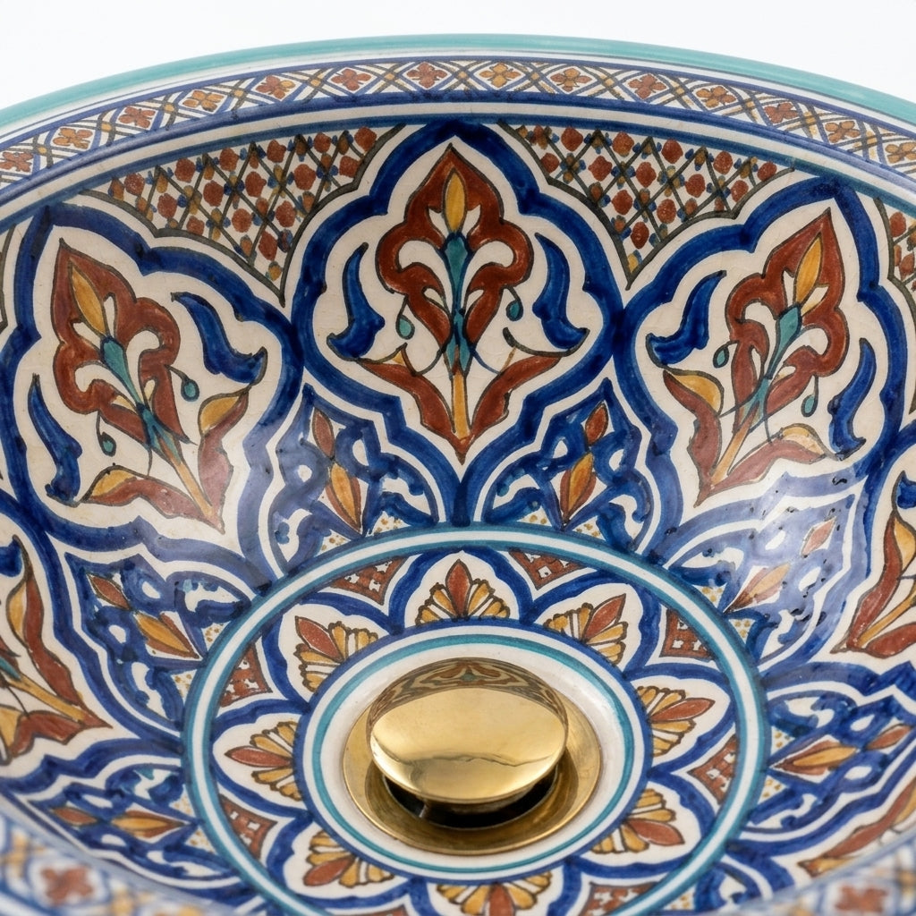 Turquoise Fessi Heritage Moroccan ceramic sink - macro of Fessi pattern