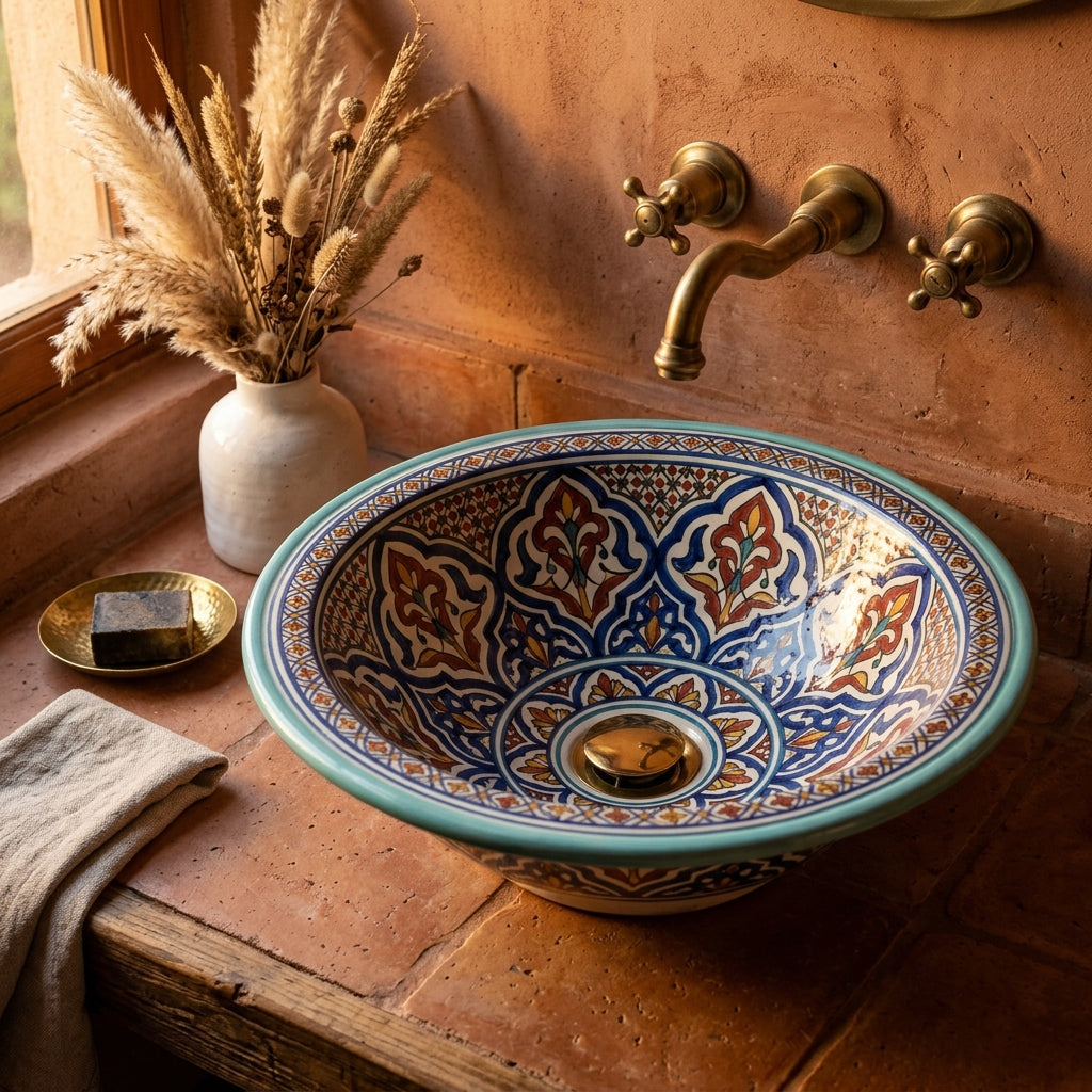 Turquoise Fessi Heritage Moroccan ceramic vessel sink styled in a Moroccan bathroom with brass faucet