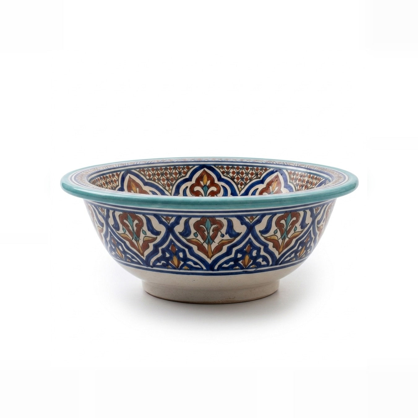Turquoise Fessi Heritage Moroccan ceramic vessel sink - multicolor Fessi arabesques with turquoise rim