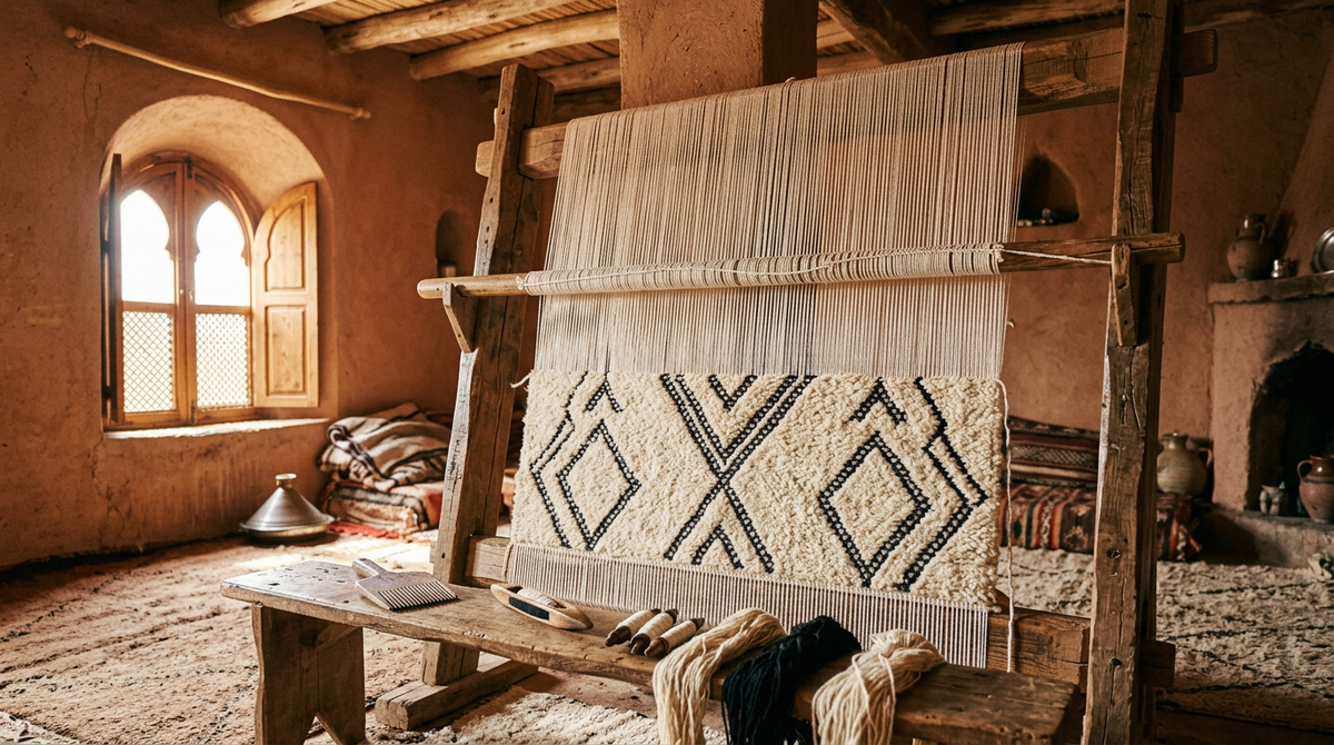 Traditional Berber vertical loom with partially woven cream rug