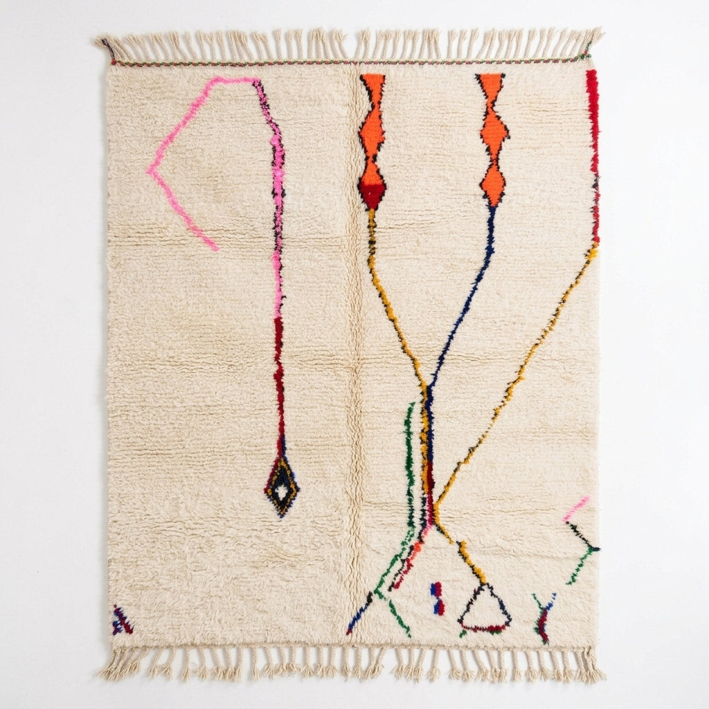 Whisper Lines Azilal rug, handwoven wool with sparse pink, orange, red and blue line motifs, flat lay top view