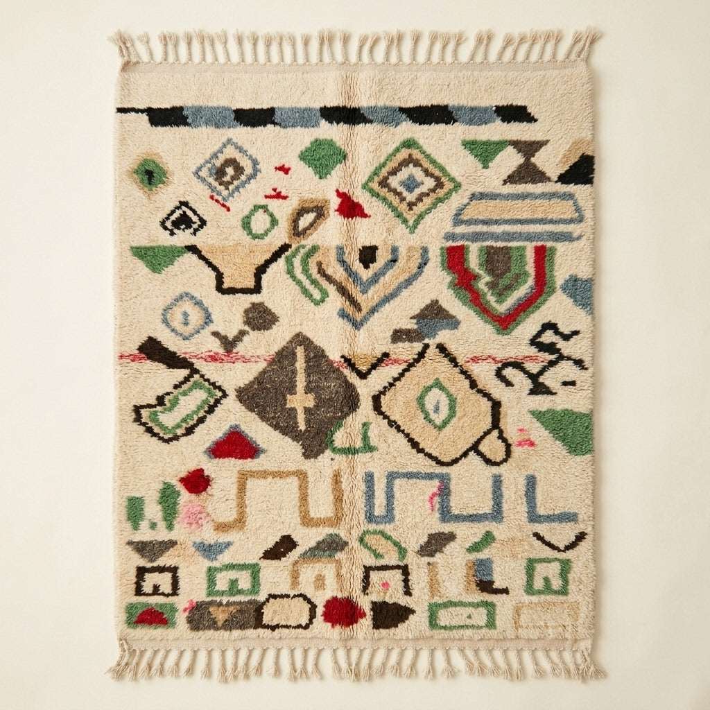 Wild Symbols Azilal rug, handwoven wool with green, rust, blue and red abstract symbols, flat lay top view