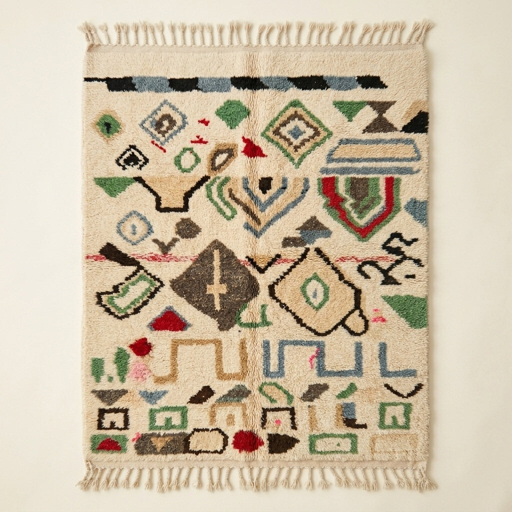 Wild Symbols Azilal rug, handwoven wool with green, rust, blue and red abstract symbols, flat lay top view