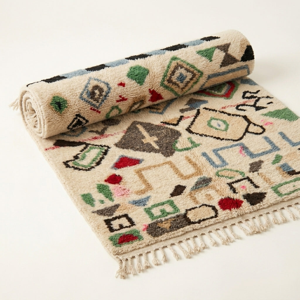 Wild Symbols Azilal rug — full rug on white studio background