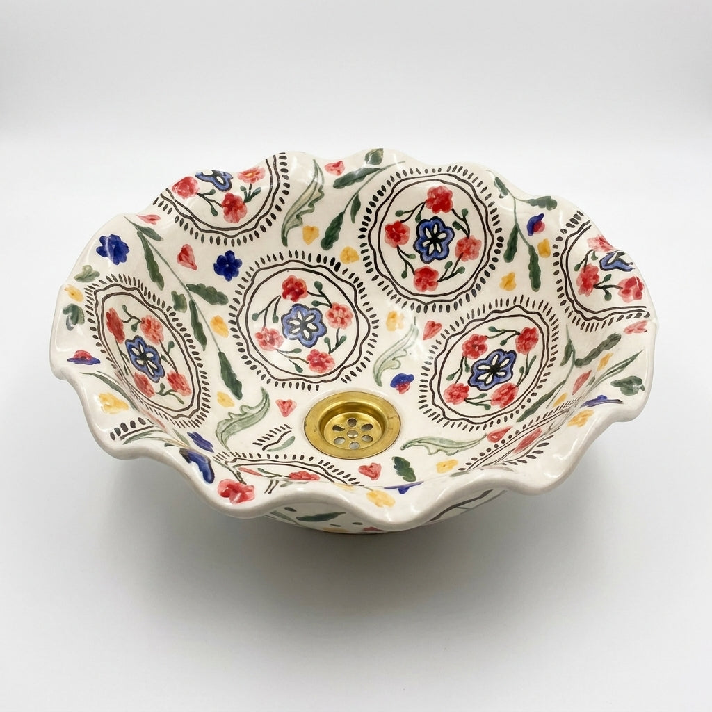 Wildflower Ruffle Moroccan ceramic sink - angled view of ruffled basin