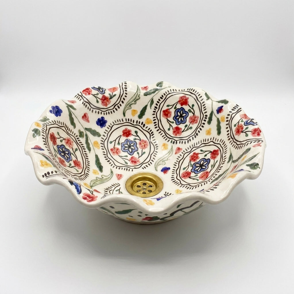 Wildflower Ruffle Moroccan ceramic sink - detail of dotted medallions