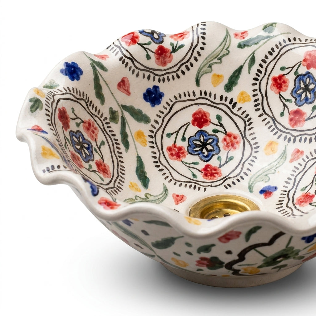 Wildflower Ruffle Moroccan ceramic sink - macro close-up of hand-painted flowers