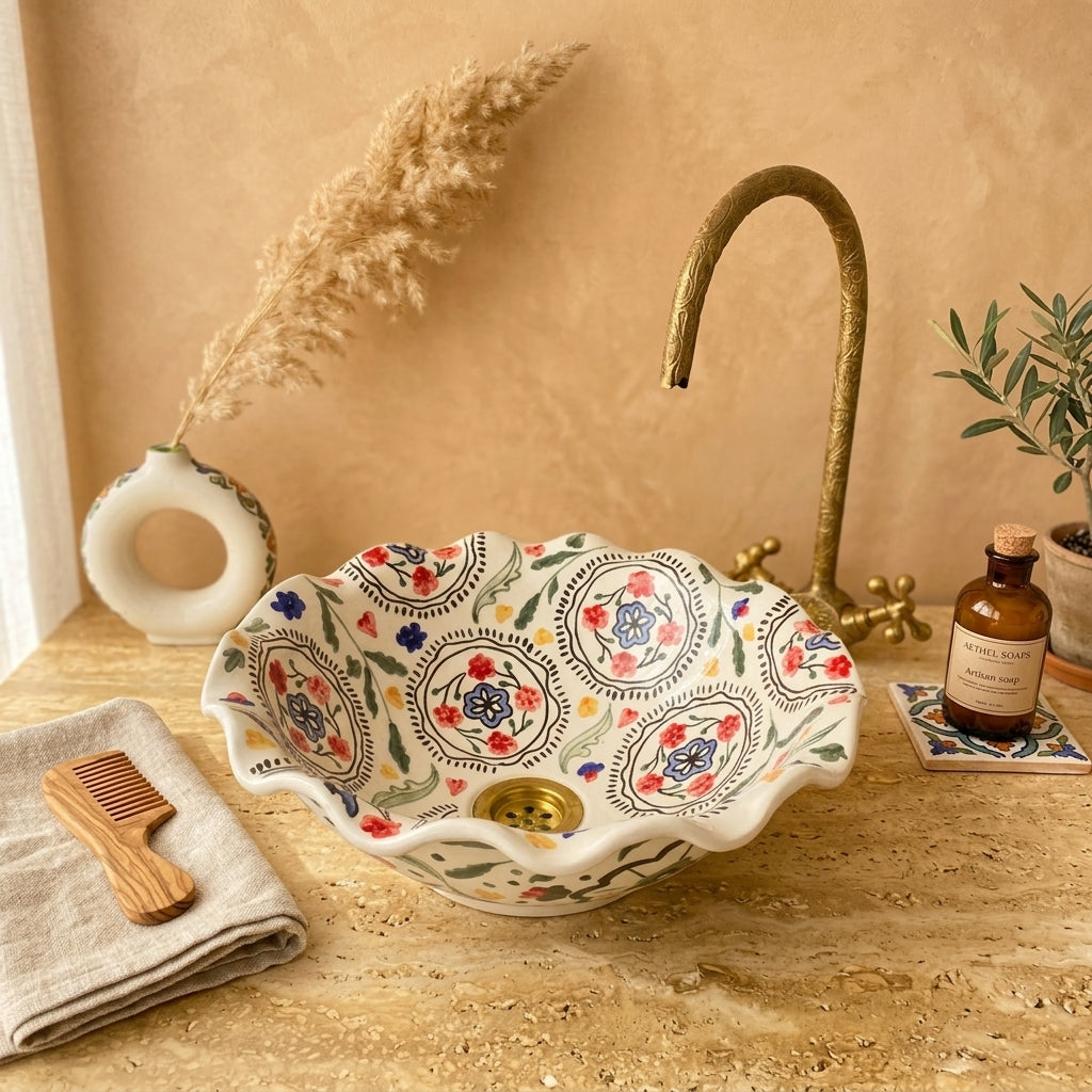 Wildflower Ruffle Moroccan ceramic vessel sink styled on a bathroom counter in a Moroccan-inspired setting