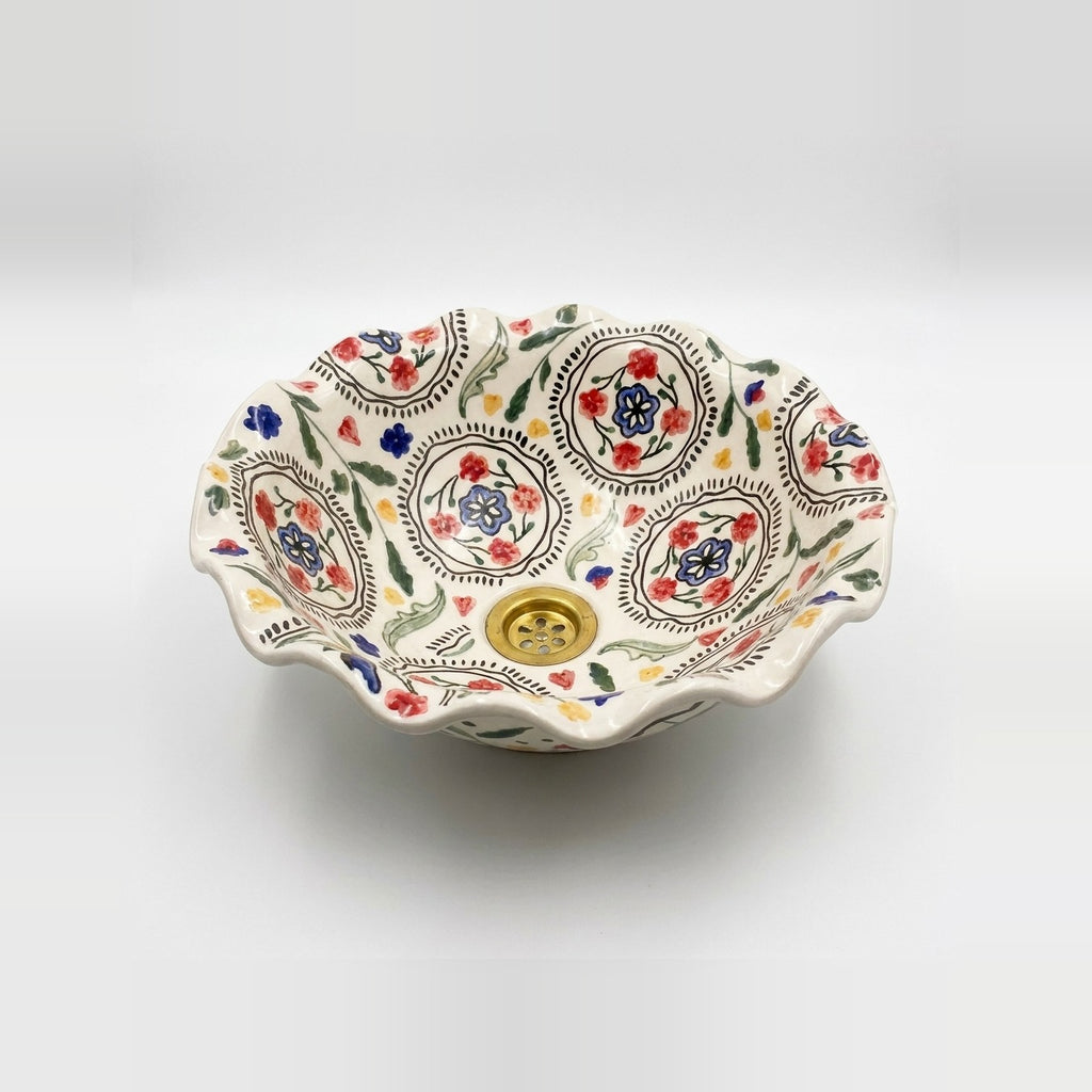 Wildflower Ruffle Moroccan ceramic vessel sink - ruffled edge with multicolor folk flowers and brass drain