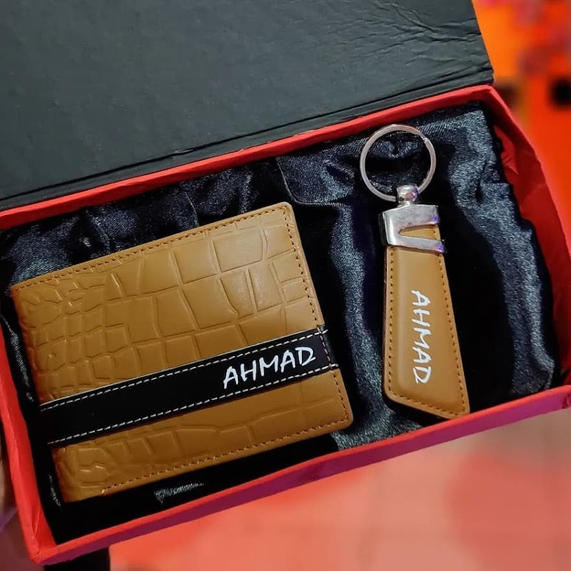 Caramel Leather Wallet Keychain Set