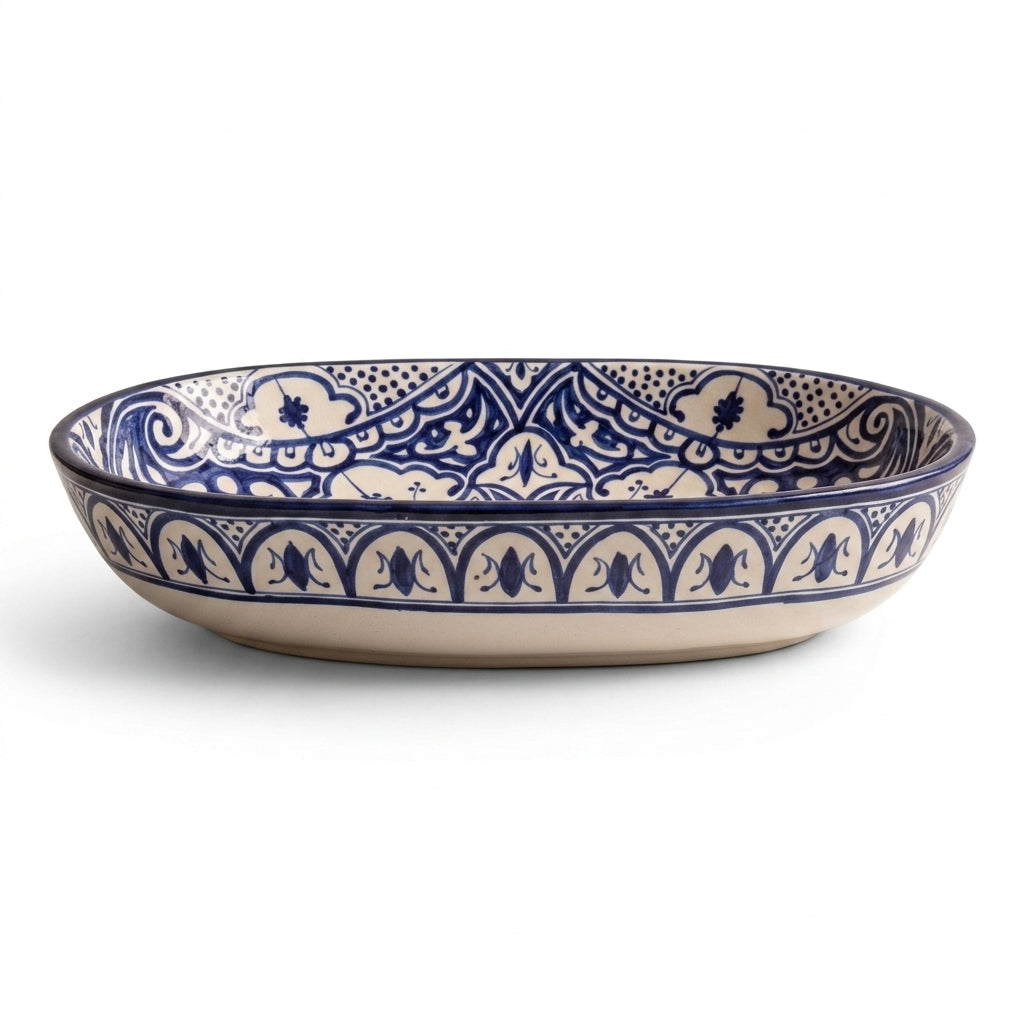 Zellige Arabesque Blue Moroccan ceramic sink - side angle showing exterior pattern