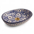 Zellige Arabesque Blue Moroccan ceramic sink - top view of blue and white arabesque basin