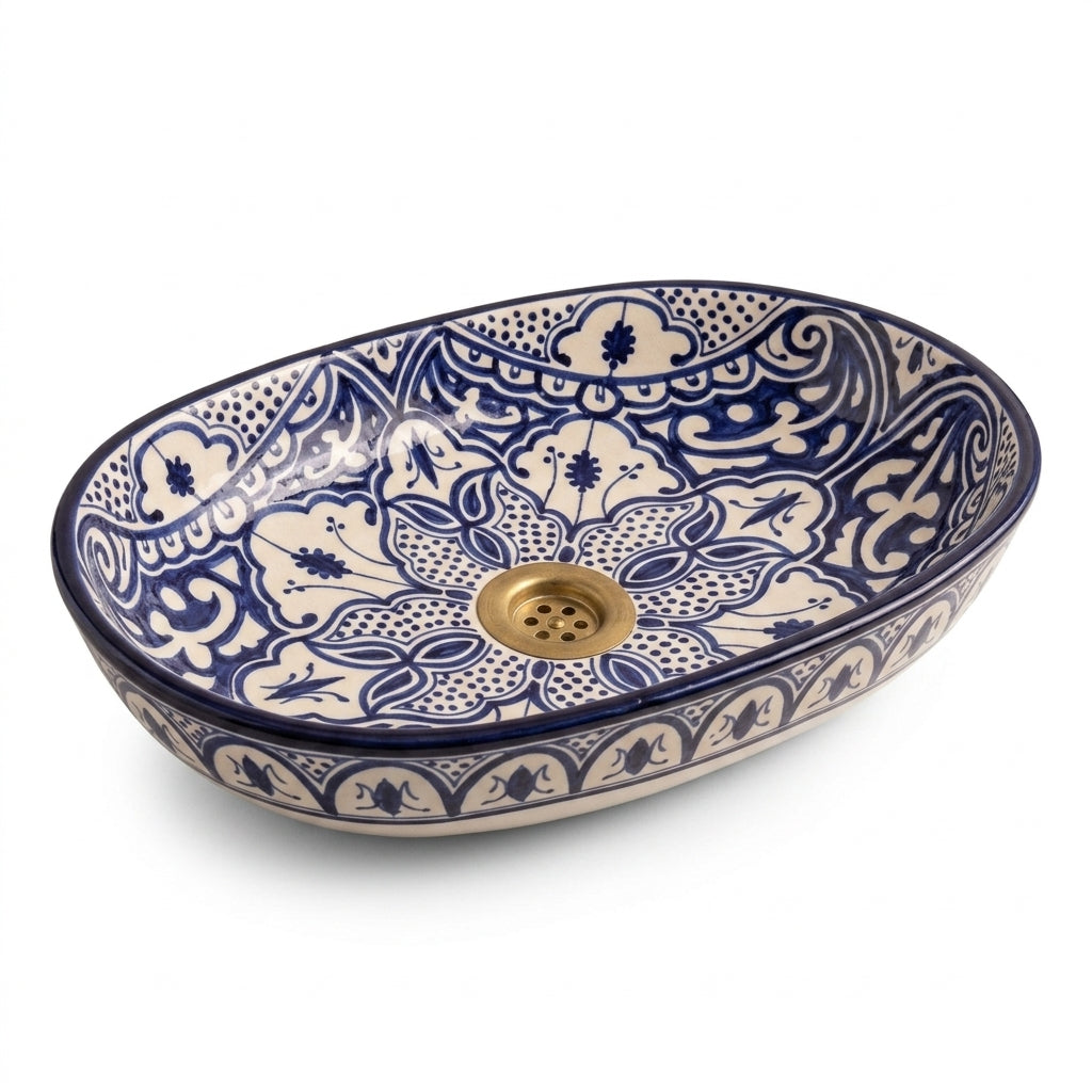 Zellige Arabesque Blue Moroccan ceramic sink - top view of blue and white arabesque basin