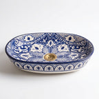 Zellige Arabesque Blue Moroccan ceramic sink - angled view of hand-painted rim