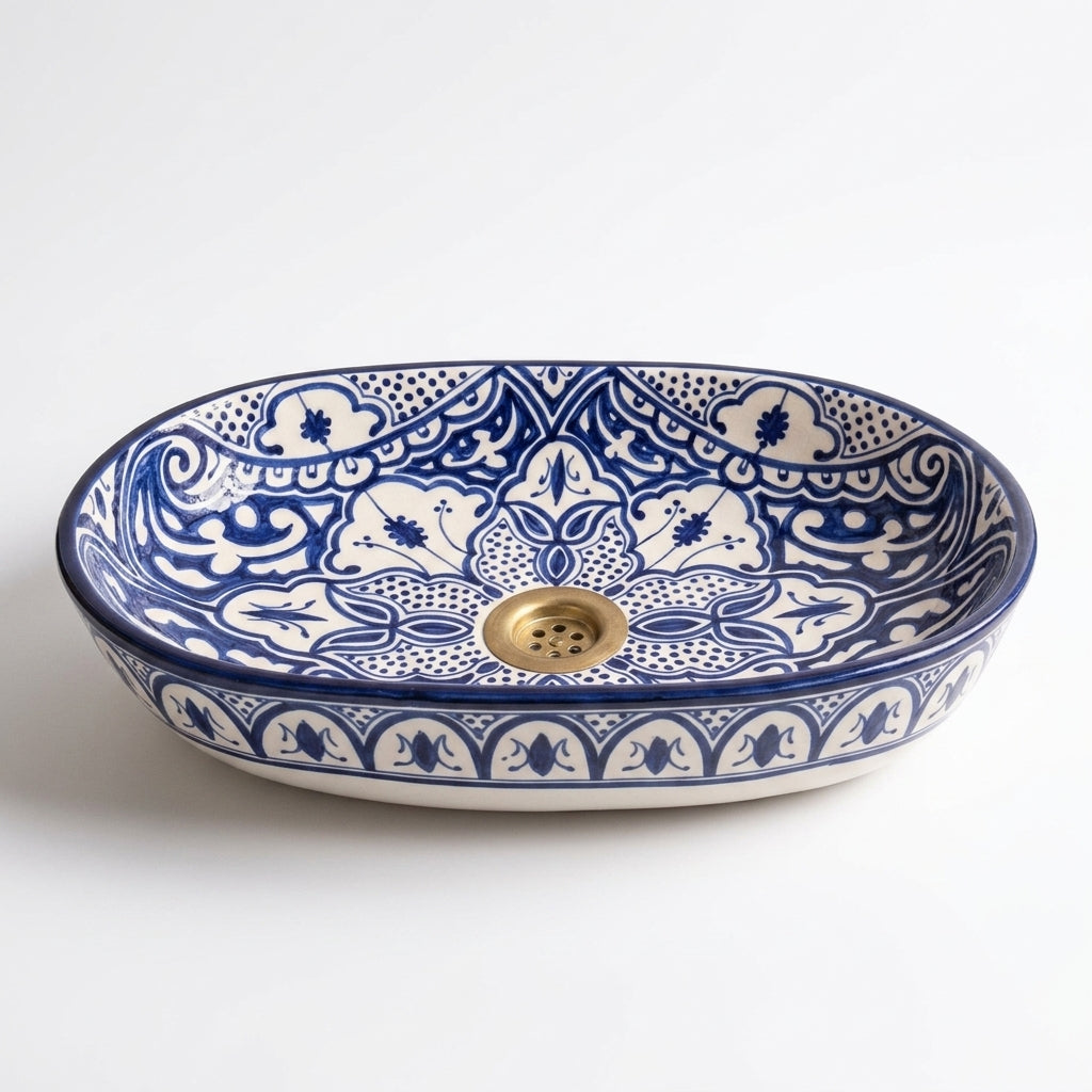 Zellige Arabesque Blue Moroccan ceramic sink - angled view of hand-painted rim